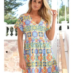 Jurk "Capri" Geel/lichtblauw