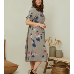 Linnen Jurk Taupe/meerkleurig -Exporteren Mooie Look Winkel curvy lady linnen jurk taupe meerkleurig 2