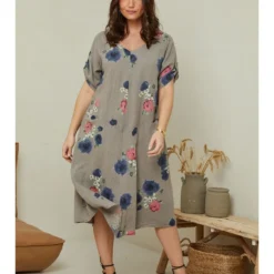 Linnen Jurk Taupe/meerkleurig