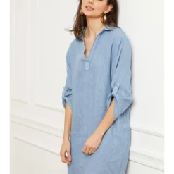 Linnen Jurk "Basta" Blauw -Exporteren Mooie Look Winkel fleur de lin linnen jurk basta blauw 2