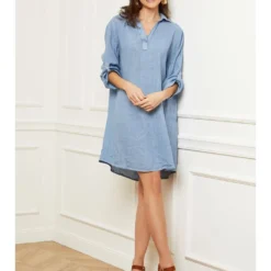 Linnen Jurk "Basta" Blauw -Exporteren Mooie Look Winkel fleur de lin linnen jurk basta blauw 3