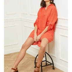 Linnen Jurk "Basta" Koraalrood -Exporteren Mooie Look Winkel fleur de lin linnen jurk basta koraalrood 2