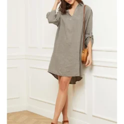 Linnen Jurk "Basta" Taupe -Exporteren Mooie Look Winkel fleur de lin linnen jurk basta taupe 3