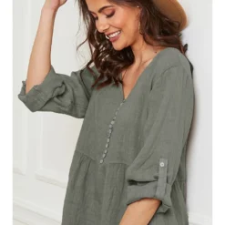 Linnen Jurk "Ecoja" Kaki -Exporteren Mooie Look Winkel fleur de lin linnen jurk ecoja kaki 3