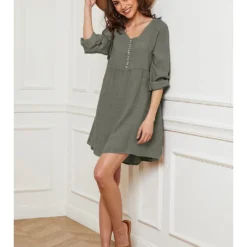 Linnen Jurk "Ecoja" Kaki -Exporteren Mooie Look Winkel fleur de lin linnen jurk ecoja kaki 4