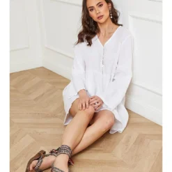 Linnen Jurk "Ecoja" Wit -Exporteren Mooie Look Winkel fleur de lin linnen jurk ecoja wit 4