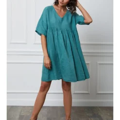 Linnen Jurk "Etsy" Turquoise -Exporteren Mooie Look Winkel fleur de lin linnen jurk etsy turquoise 4