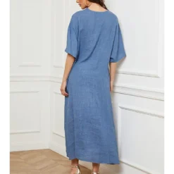 Linnen Jurk "Faos" Blauw -Exporteren Mooie Look Winkel fleur de lin linnen jurk faos blauw 2