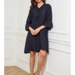 Linnen Jurk "Febbala" Donkerblauw -Exporteren Mooie Look Winkel fleur de lin linnen jurk febbala donkerblauw 4