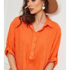 Linnen Jurk "Firlone" Oranje -Exporteren Mooie Look Winkel fleur de lin linnen jurk firlone oranje 3