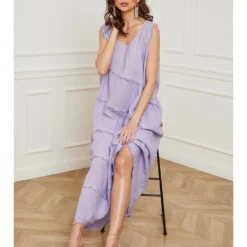 Linnen Jurk "Goship" Paars -Exporteren Mooie Look Winkel fleur de lin linnen jurk goship paars 2