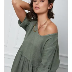 Linnen Jurk "Gustavo" Kaki -Exporteren Mooie Look Winkel fleur de lin linnen jurk gustavo kaki 3