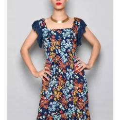 Jurk Donkerblauw/oranje/lichtblauw