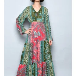 Jurk Groen/koraalrood/beige