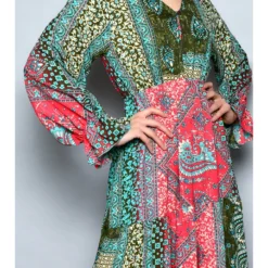 Jurk Groen/koraalrood/beige -Exporteren Mooie Look Winkel h h g jurk groen koraalrood beige 3