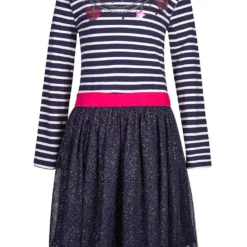 Jurk Donkerblauw/wit/roze