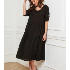 Linnen Jurk "Depay" Zwart -Exporteren Mooie Look Winkel josefine linnen jurk depay zwart 2
