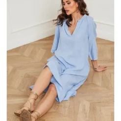 Linnen Jurk "Devalone" Lichtblauw -Exporteren Mooie Look Winkel josefine linnen jurk devalone lichtblauw 3