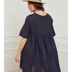 Linnen Jurk "Dobby" Donkerblauw -Exporteren Mooie Look Winkel josefine linnen jurk dobby donkerblauw 2