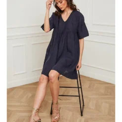 Linnen Jurk "Dobby" Donkerblauw -Exporteren Mooie Look Winkel josefine linnen jurk dobby donkerblauw 4