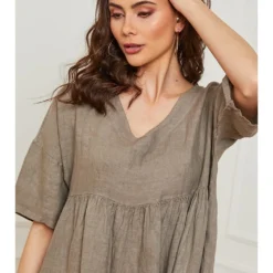 Linnen Jurk "Dobby" Taupe -Exporteren Mooie Look Winkel josefine linnen jurk dobby taupe 3