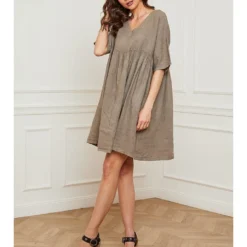 Linnen Jurk "Dobby" Taupe -Exporteren Mooie Look Winkel josefine linnen jurk dobby taupe 4