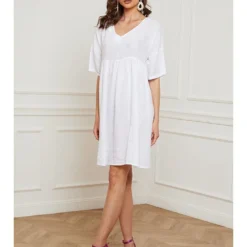 Linnen Jurk "Dobby" Wit -Exporteren Mooie Look Winkel josefine linnen jurk dobby wit 4