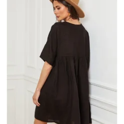 Linnen Jurk "Dobby" Zwart -Exporteren Mooie Look Winkel josefine linnen jurk dobby zwart 2