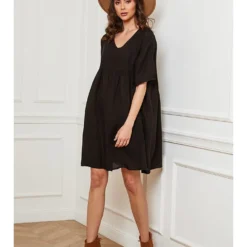 Linnen Jurk "Dobby" Zwart -Exporteren Mooie Look Winkel josefine linnen jurk dobby zwart 4