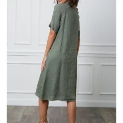 Linnen Jurk "Granel" Kaki -Exporteren Mooie Look Winkel la compagnie du lin linnen jurk granel kaki 2