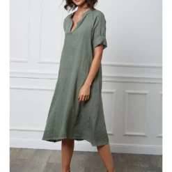 Linnen Jurk "Granel" Kaki