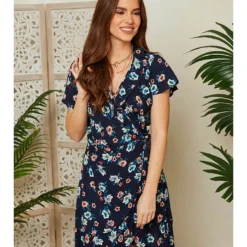 Jurk Donkerblauw/abrikooskleurig