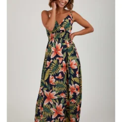 Jurk Donkerblauw/groen/koraalrood