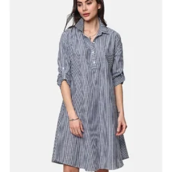 Linnen Jurk Donkerblauw/wit