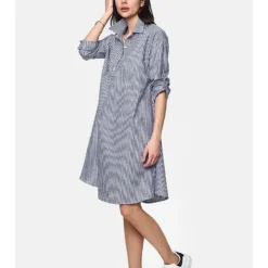 Linnen Jurk Donkerblauw/wit -Exporteren Mooie Look Winkel le jardin du lin linnen jurk donkerblauw wit 3