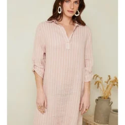 Linnen Jurk Lichtroze/wit