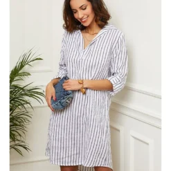 Linnen Jurk Wit/grijs -Exporteren Mooie Look Winkel le monde du lin linnen jurk wit grijs 2