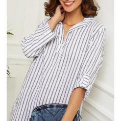 Linnen Jurk Wit/grijs -Exporteren Mooie Look Winkel le monde du lin linnen jurk wit grijs 4