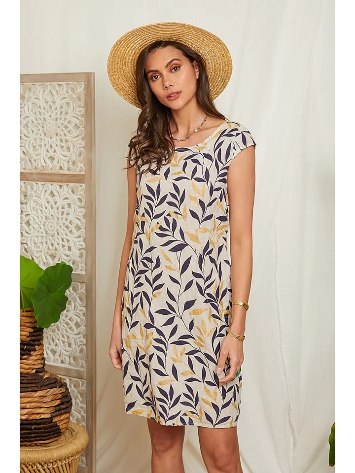 Linnen Jurk Donkerblauw/crème 2 Linnen Jurk Donkerblauw/crème - Afbeelding 2