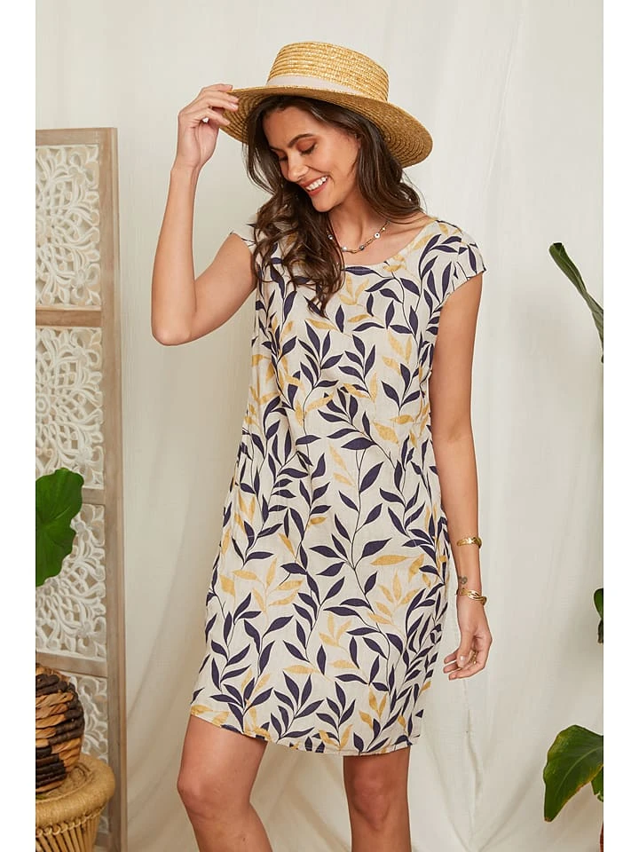 Linnen Jurk Donkerblauw/crème 3 Linnen Jurk Donkerblauw/crème - Afbeelding 3