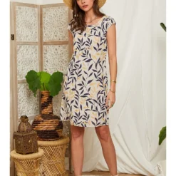 Linnen Jurk Donkerblauw/crème