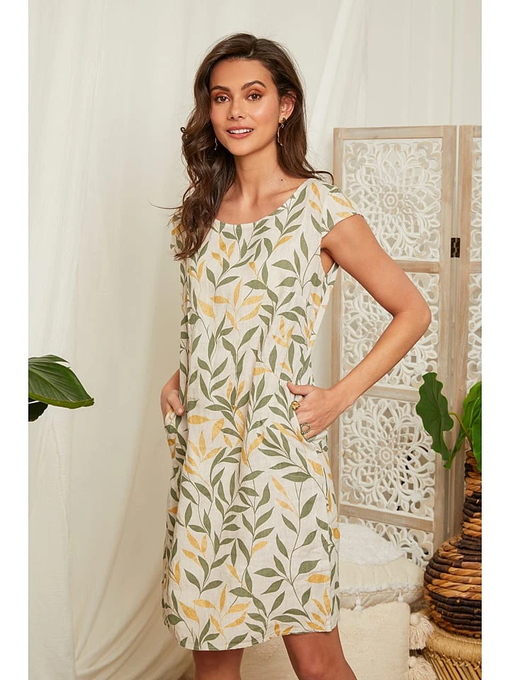 Linnen Jurk Kaki/crème 2 Linnen Jurk Kaki/crème - Afbeelding 2