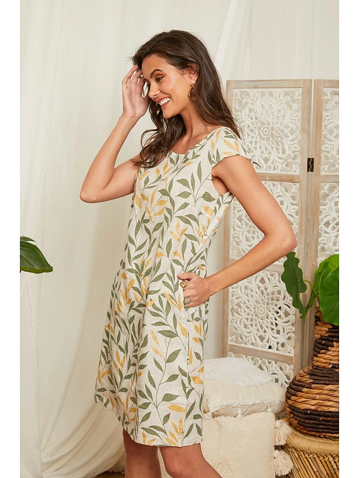 Linnen Jurk Kaki/crème 3 Linnen Jurk Kaki/crème - Afbeelding 3