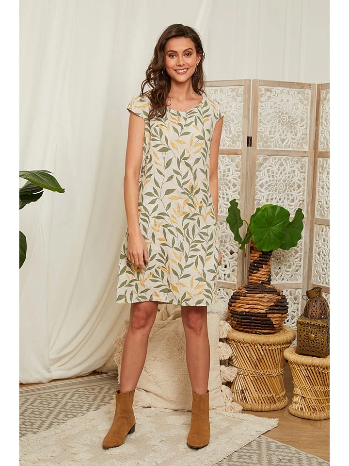 Linnen Jurk Kaki/crème 1 Linnen Jurk Kaki/crème