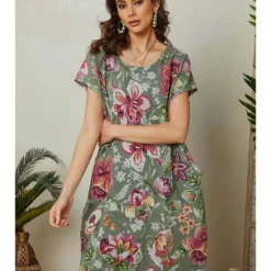 Linnen Jurk Kaki/meerkleurig