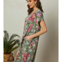 Linnen Jurk Kaki/meerkleurig -Exporteren Mooie Look Winkel lin passion linnen jurk kaki meerkleurig 3