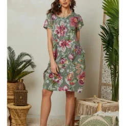 Linnen Jurk Kaki/meerkleurig -Exporteren Mooie Look Winkel lin passion linnen jurk kaki meerkleurig 4