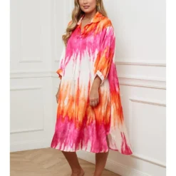 Jurk Roze/oranje/wit -Exporteren Mooie Look Winkel plus size company jurk roze oranje wit 2