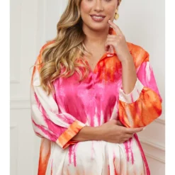 Jurk Roze/oranje/wit -Exporteren Mooie Look Winkel plus size company jurk roze oranje wit 4