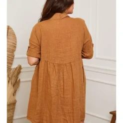 Linnen Jurk "Cerif" Camel -Exporteren Mooie Look Winkel plus size company linnen jurk cerif camel 2
